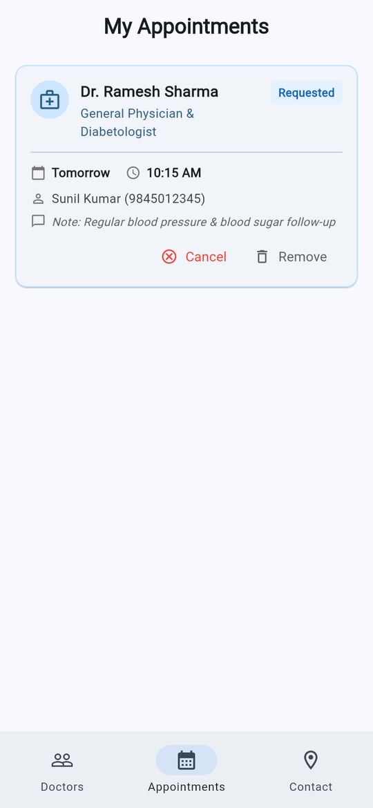 My Appointments screen showing a requested appointment with a doctor tomorrow at 10:15 AM, the patient’s name and a note, with Cancel and Remove buttons.