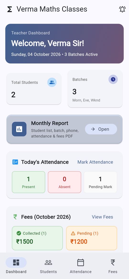 Dashboard of a coaching app named Verma Maths Classes showing total students, three active batches, today’s attendance and fees collected and pending for October.