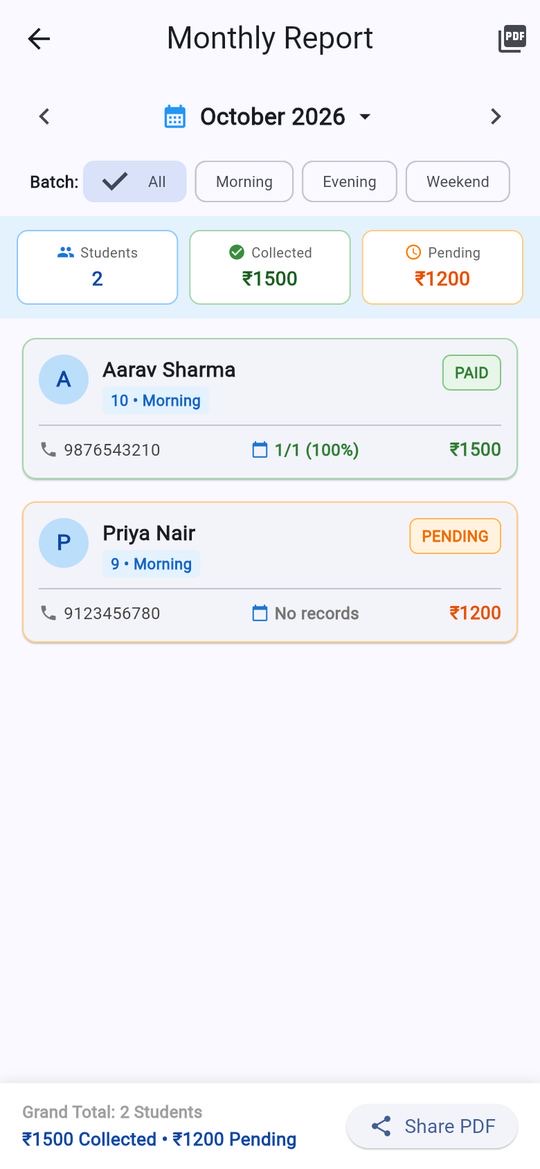 Monthly report screen listing each student with batch, phone number, attendance and whether the fee is paid or pending, with a Share PDF button.