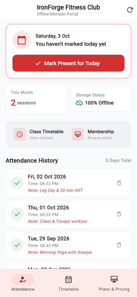 Gym app named IronForge Fitness Club with a Mark Present for Today button, sessions this month and an attendance history with workout notes.
