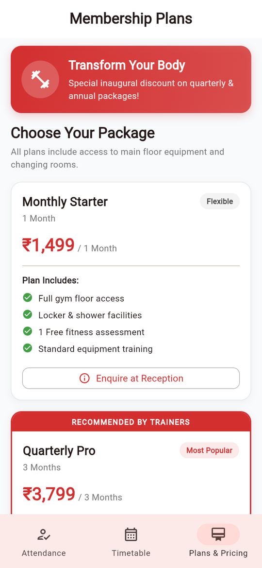 Membership plans screen showing a monthly plan at ₹1,499 and a quarterly plan at ₹3,799 with what each includes.