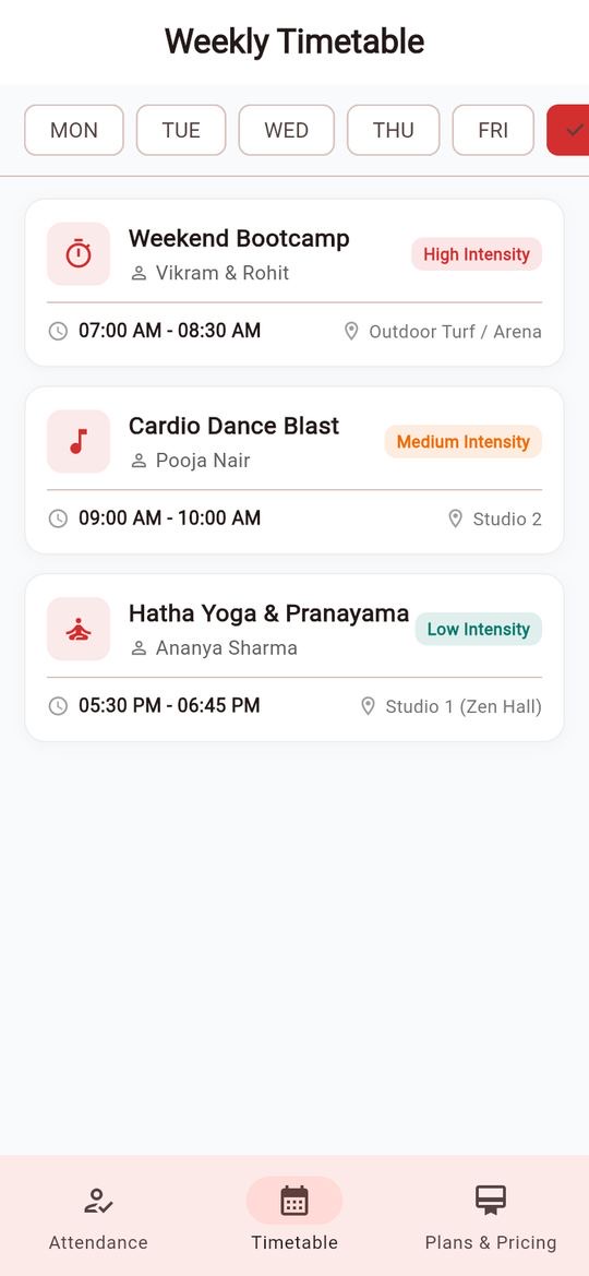 Weekly timetable for one day listing a bootcamp, a cardio dance class and yoga with trainer, time, studio and intensity.