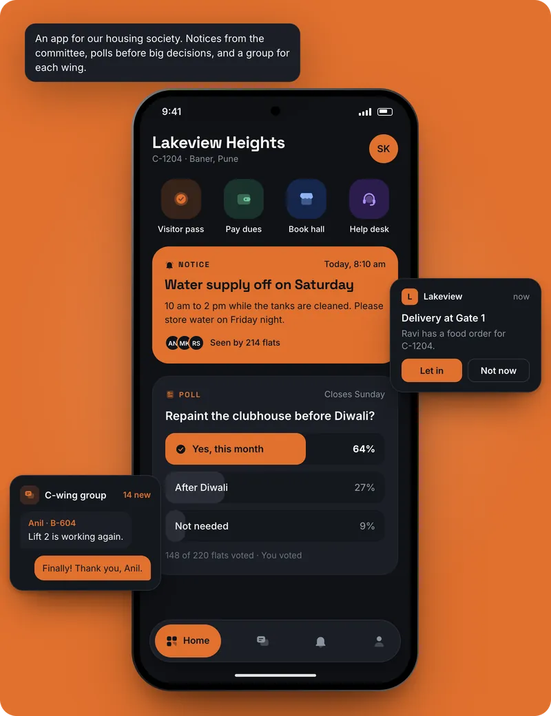 Example design of a housing society app: Lakeview Heights with a notice that the water supply is off on Saturday, a poll on repainting the clubhouse before Diwali, the C-wing group and a delivery waiting at the gate.