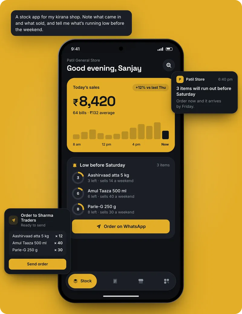 Example design of a kirana stock app: today’s sales of ₹8,420, three items that will run out before Saturday, and an order to the supplier ready to send on WhatsApp.