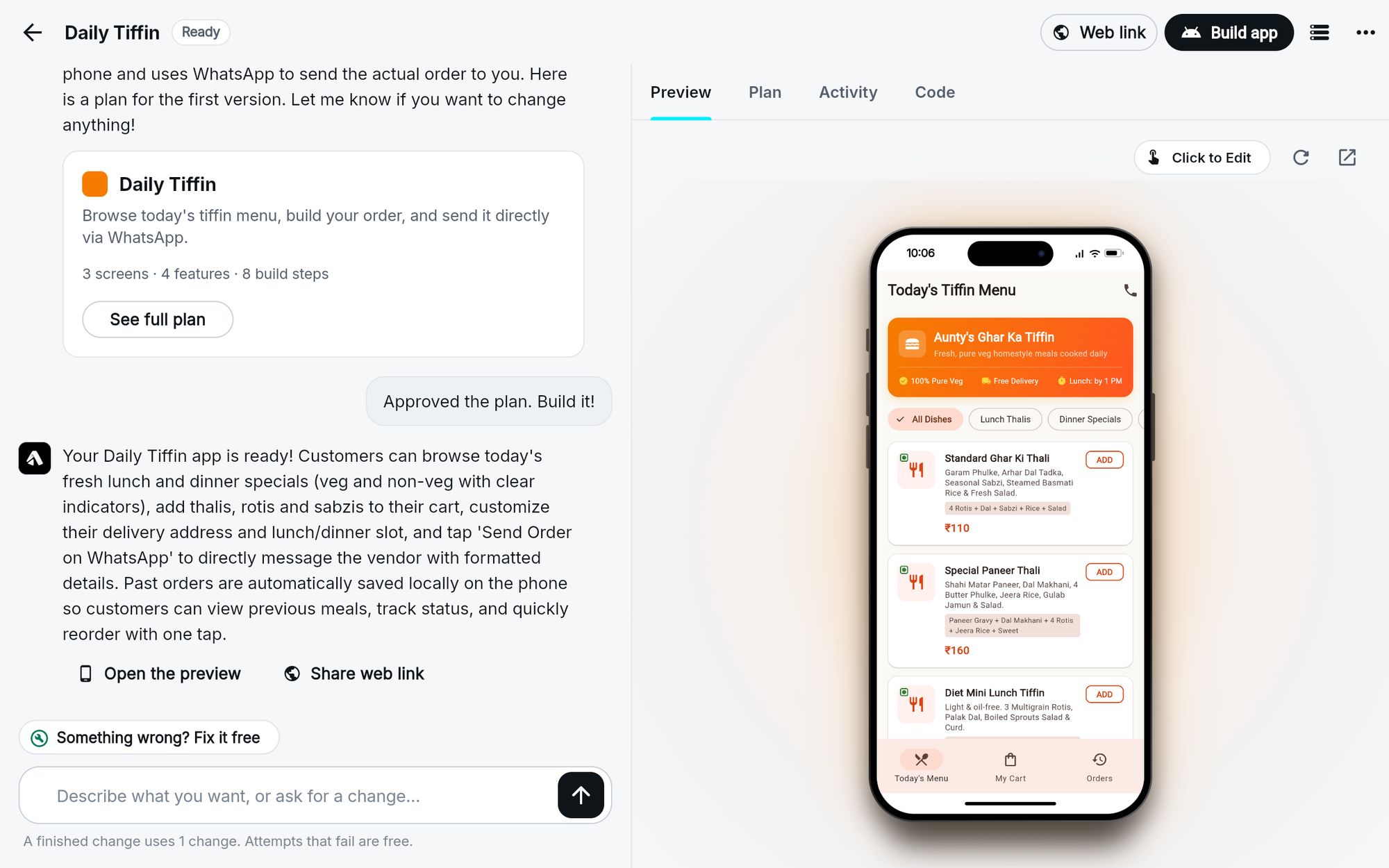 AppCub with the chat on the left, where the user asked for a tiffin service app, and a live preview of the finished app in a phone on the right.