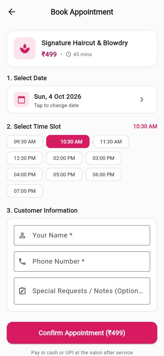 Booking screen where the customer picks a date, a time slot from 9:30 AM to 7 PM and enters name and phone number before confirming.