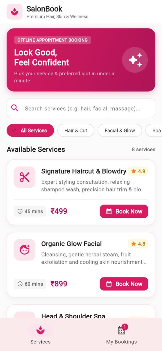 Salon app home screen listing services such as a haircut for ₹499 and a facial for ₹899, each with its duration and a Book Now button, with category filters and search.
