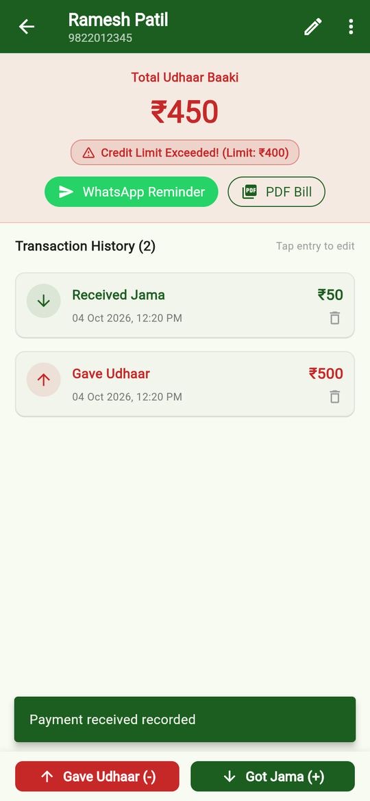 A customer’s page showing ₹450 udhaar baaki, a credit limit exceeded warning, WhatsApp Reminder and PDF Bill buttons, and the list of entries.
